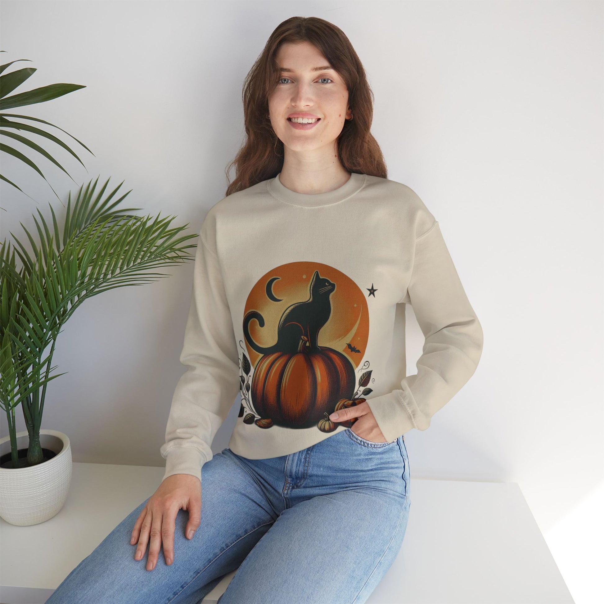 Vintage Fall Black Cat Crewneck Sweatshirt - KiwiKreationCo