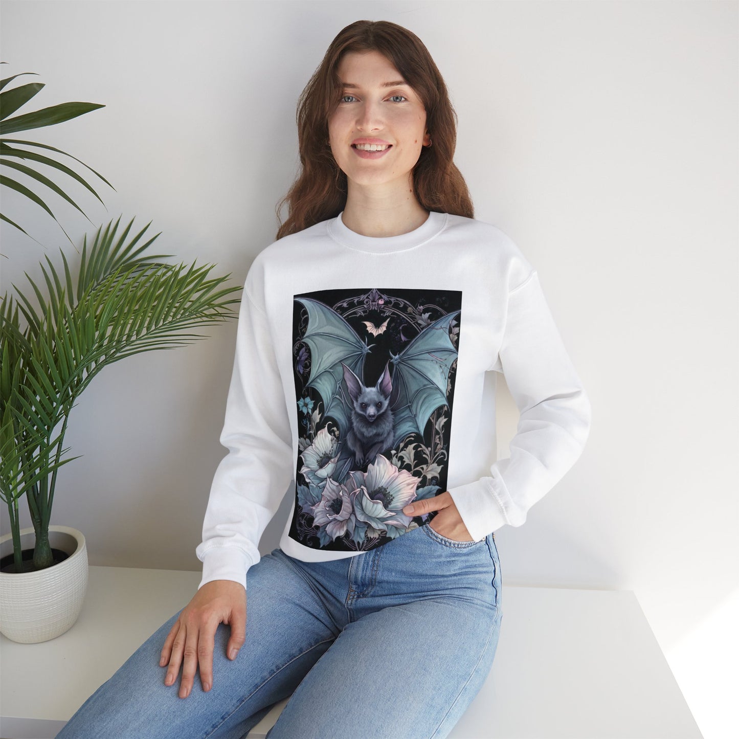 Pastelgoth Bat among Flowers Crewneck Sweatshirt - KiwiKreationCo